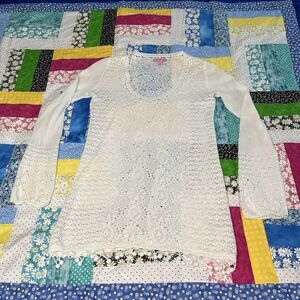 Lilly Pulitzer Athena Crochet Tunic Sweater Coverup S Ivory Off White Tassel Pom